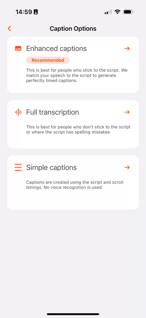 opciones de subtítulos del teleprompter
