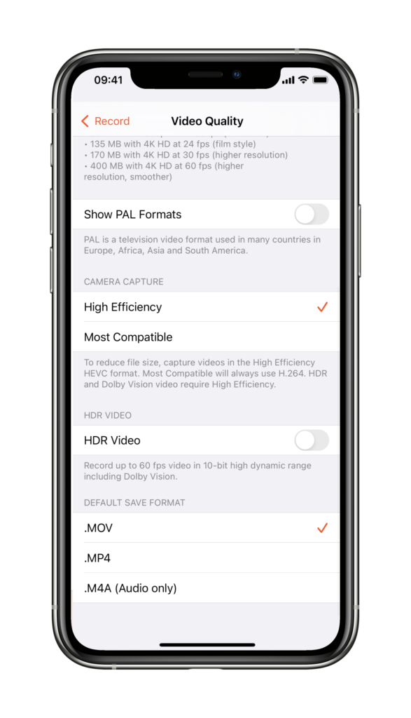Opciones de calidad de vídeo ios hrd mov mp4